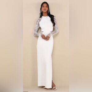 Lulus XL Bragging Rights White Lace Long Sleeve Column Maxi Dress